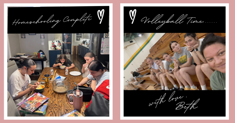 Collage of Beth’s family moments — celebrating the completion of homeschooling around the dining table and cheering together at a volleyball game in the gym bleachers.