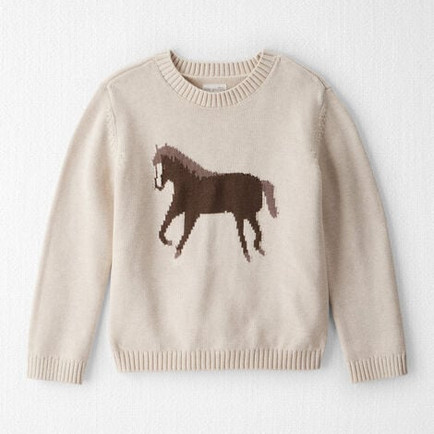 Beige knit sweater featuring a brown horse design centered on the front, laid flat on a white background.
