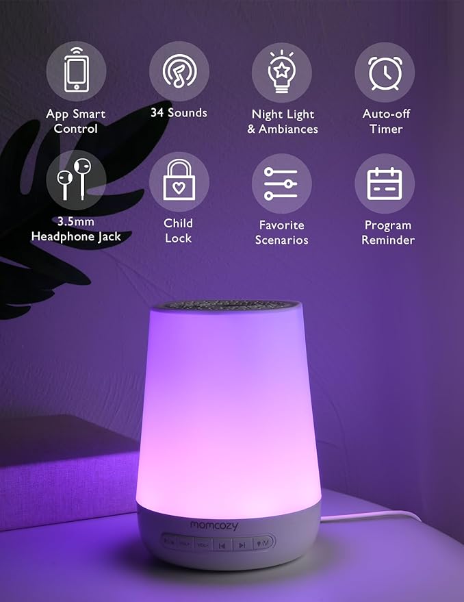 Smart night light and sound machine glowing softly in purple light with adjustable settings and child lock features.