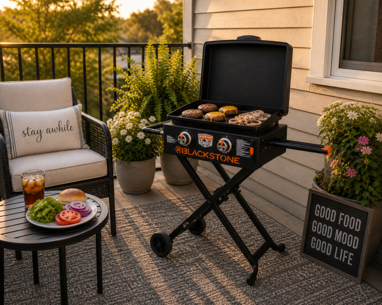 small space grill for empty nesters on patio cooking burgers portable Blackstone griddle