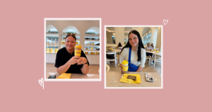 Beth and her daughter visiting La La Land Coffee in Dallas, Texas, enjoying coffee inside the bright yellow cafe known for its mission supporting foster youth.