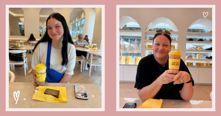 Beth and her daughter visiting La La Land Coffee in Dallas, Texas, enjoying coffee inside the bright yellow cafe known for its mission supporting foster youth.
