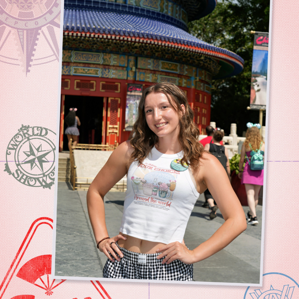 Gracie wearing a shirt at Epcot for 21st bday that says pour choices