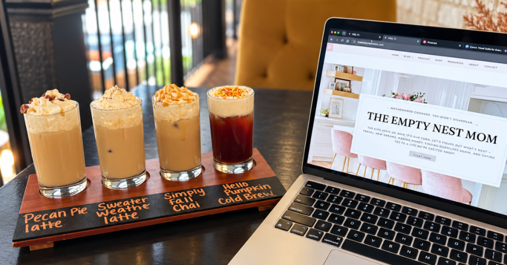 Fall coffee flight beside a laptop at Together Café in Chattanooga