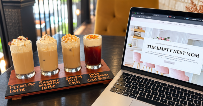 Fall coffee flight beside a laptop at Together Café in Chattanooga