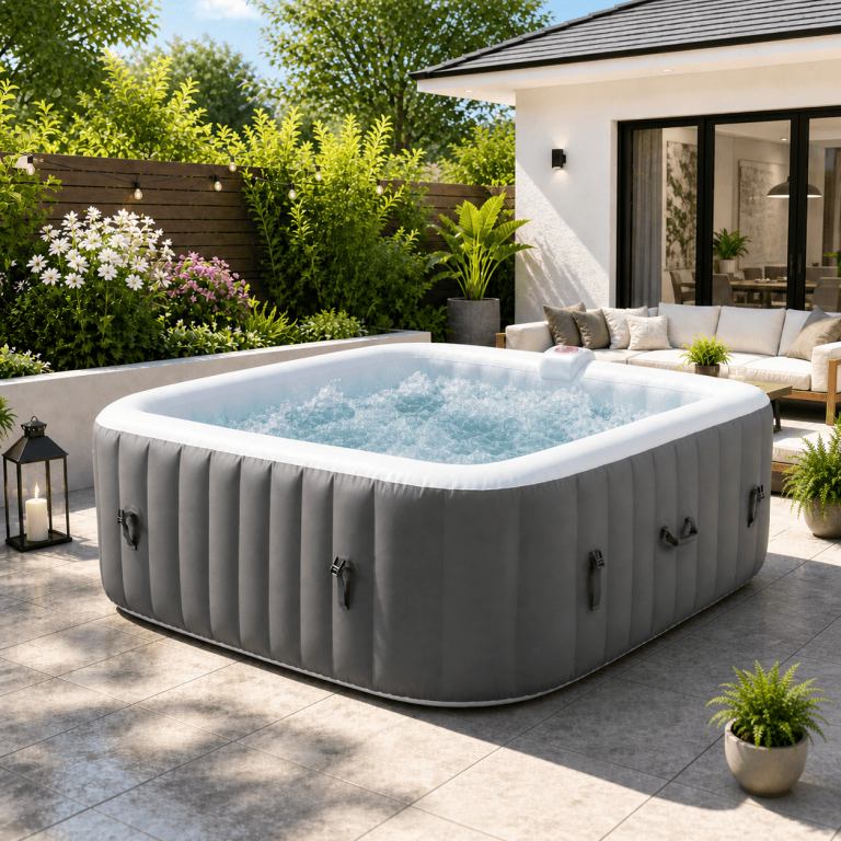 Gray inflatable hot tub for relaxing outside on cool fall nights