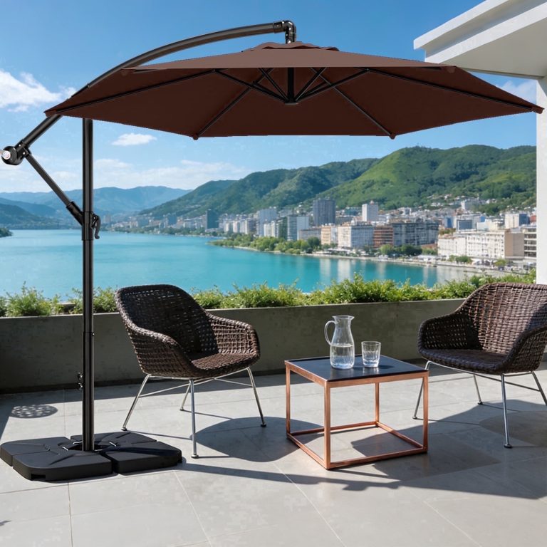 Brown cantilever patio umbrella for a cozy outdoor seating area
