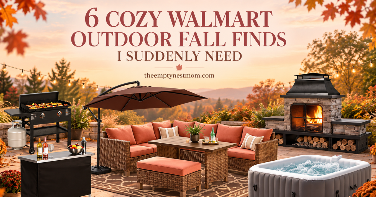 Collage of six cozy Walmart outdoor fall finds, including a patio set, griddle, umbrella, fireplace, outdoor bar and inflatable hot tub.