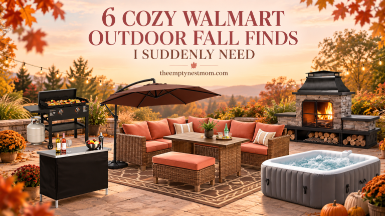 Collage of six cozy Walmart outdoor fall finds, including a patio set, griddle, umbrella, fireplace, outdoor bar and inflatable hot tub.